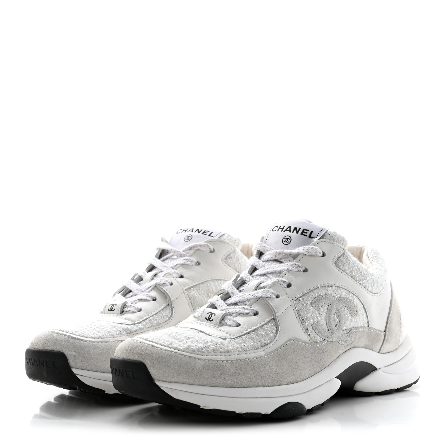 CHANEL Painted Iridescent Cotton Tweed Suede Calfskin Womens CC Sneakers 37 White Silver Multicolor CHANEL Painted Iridescent Cotton Tweed Suede Calfskin Womens CC Sneakers 37 White Silver Multicolor