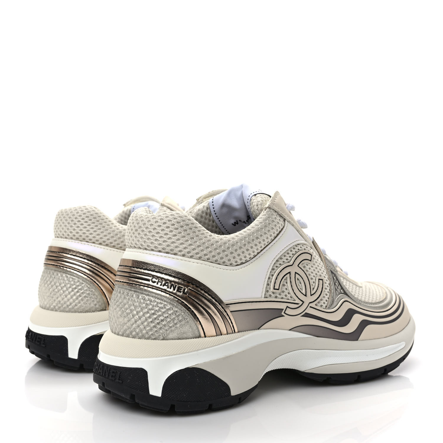 CHANEL Fabric Laminated Calfskin Stretch CC Womens Sneakers 37 White Gold Silver CHANEL Fabric Laminated Calfskin Stretch CC Womens Sneakers 37 White Gold Silver