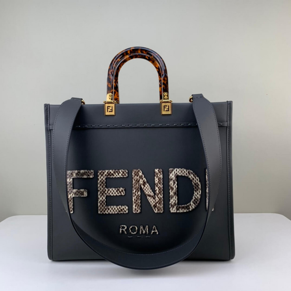 Fendi Sunshine Medium Python Embossed Logo Dark Grey Tote 8BH386 Fendi Sunshine Medium Python Embossed Logo Dark Grey Tote 8BH386