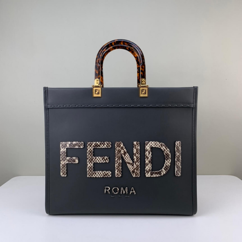 Fendi Sunshine Medium Python Embossed Logo Dark Grey Tote 8BH386 Fendi Sunshine Medium Python Embossed Logo Dark Grey Tote 8BH386