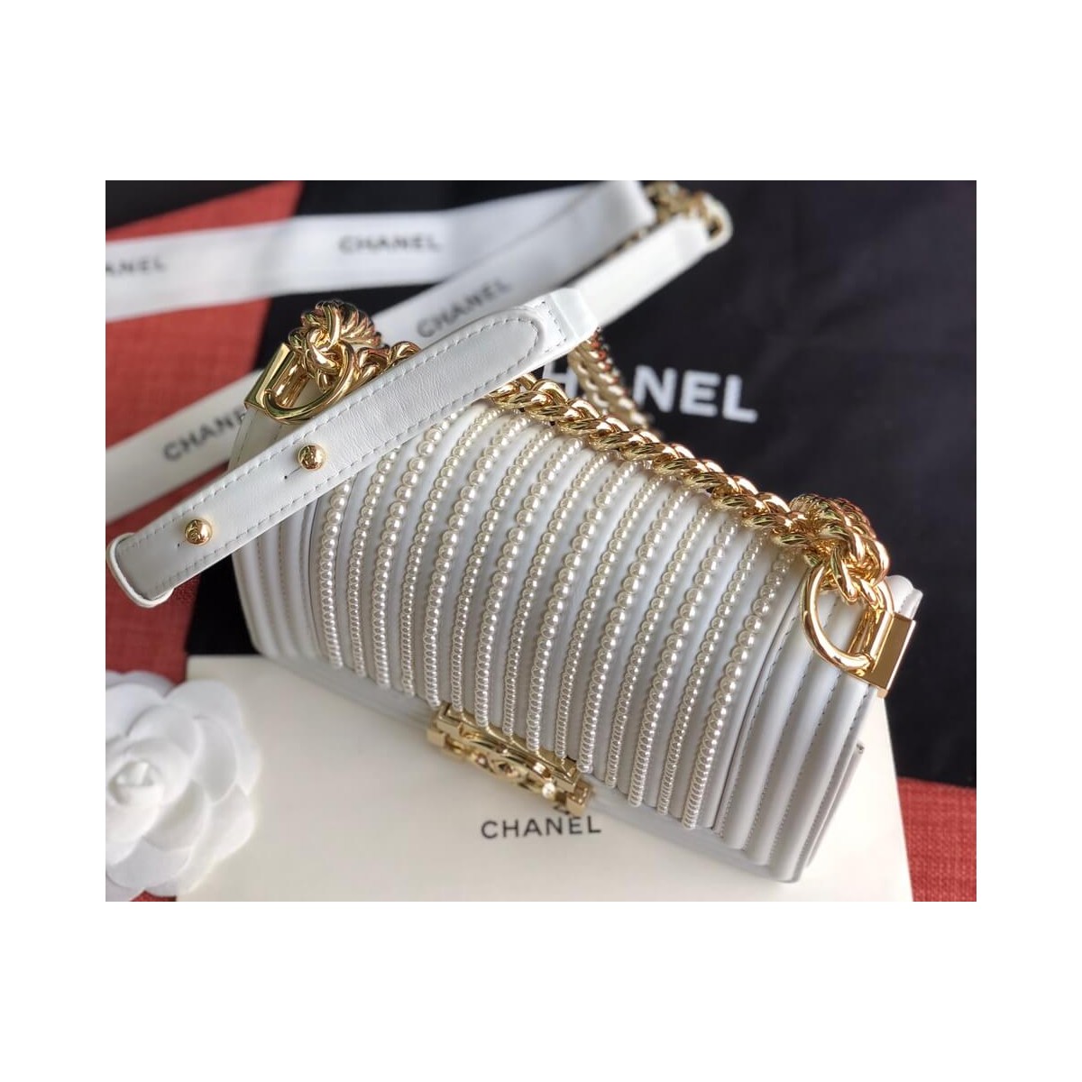 Chanel Imitation Pearls Small Boy Chanel Handbag A67085 Chanel Imitation Pearls Small Boy Chanel Handbag A67085