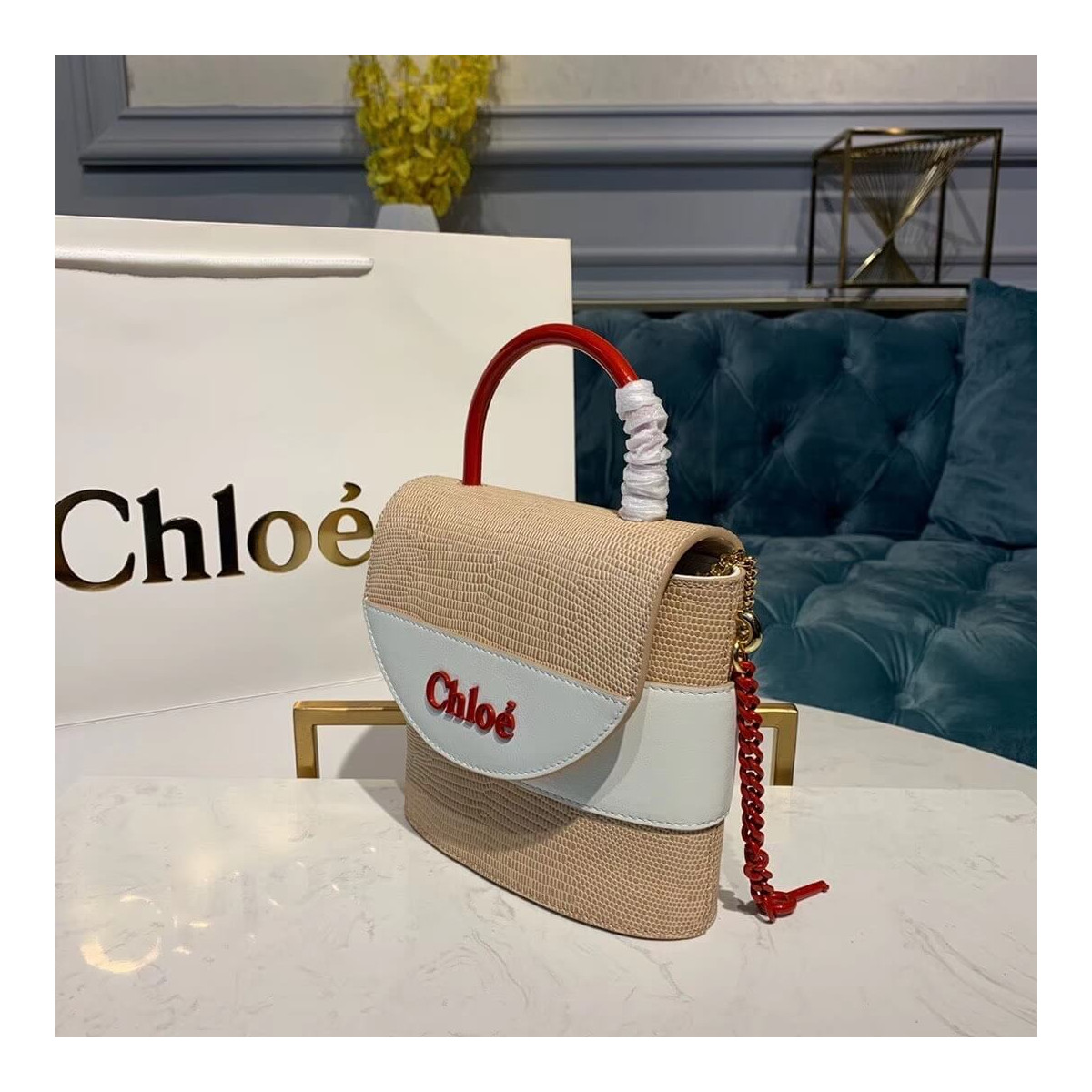 Chloe Small Aby Lock Chain Bag Embossed Lizard Effect S1220 Apricot/White Chloe Small Aby Lock Chain Bag Embossed Lizard Effect S1220 Apricot/White