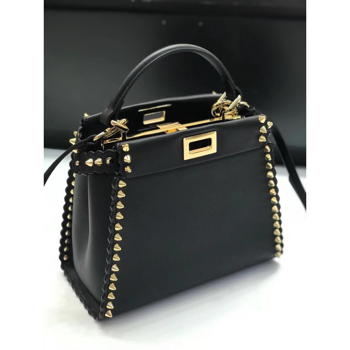 Fendi Peekaboo Mini with Metal-Plated Micro Studs 8BN244 Fendi Peekaboo Mini with Metal-Plated Micro Studs 8BN244
