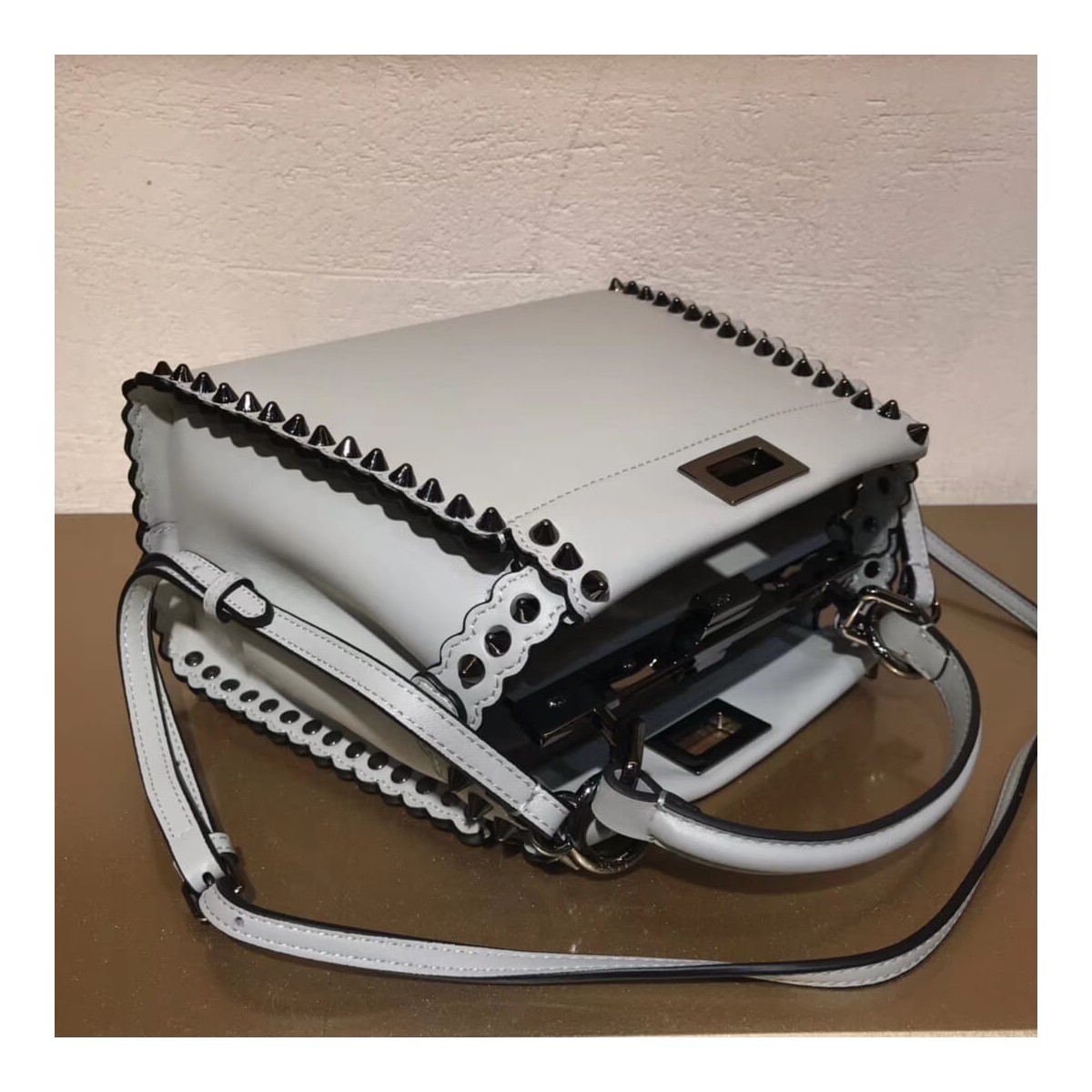 Fendi Peekaboo Mini with Metal-Plated Micro Studs 8BN244 Fendi Peekaboo Mini with Metal-Plated Micro Studs 8BN244