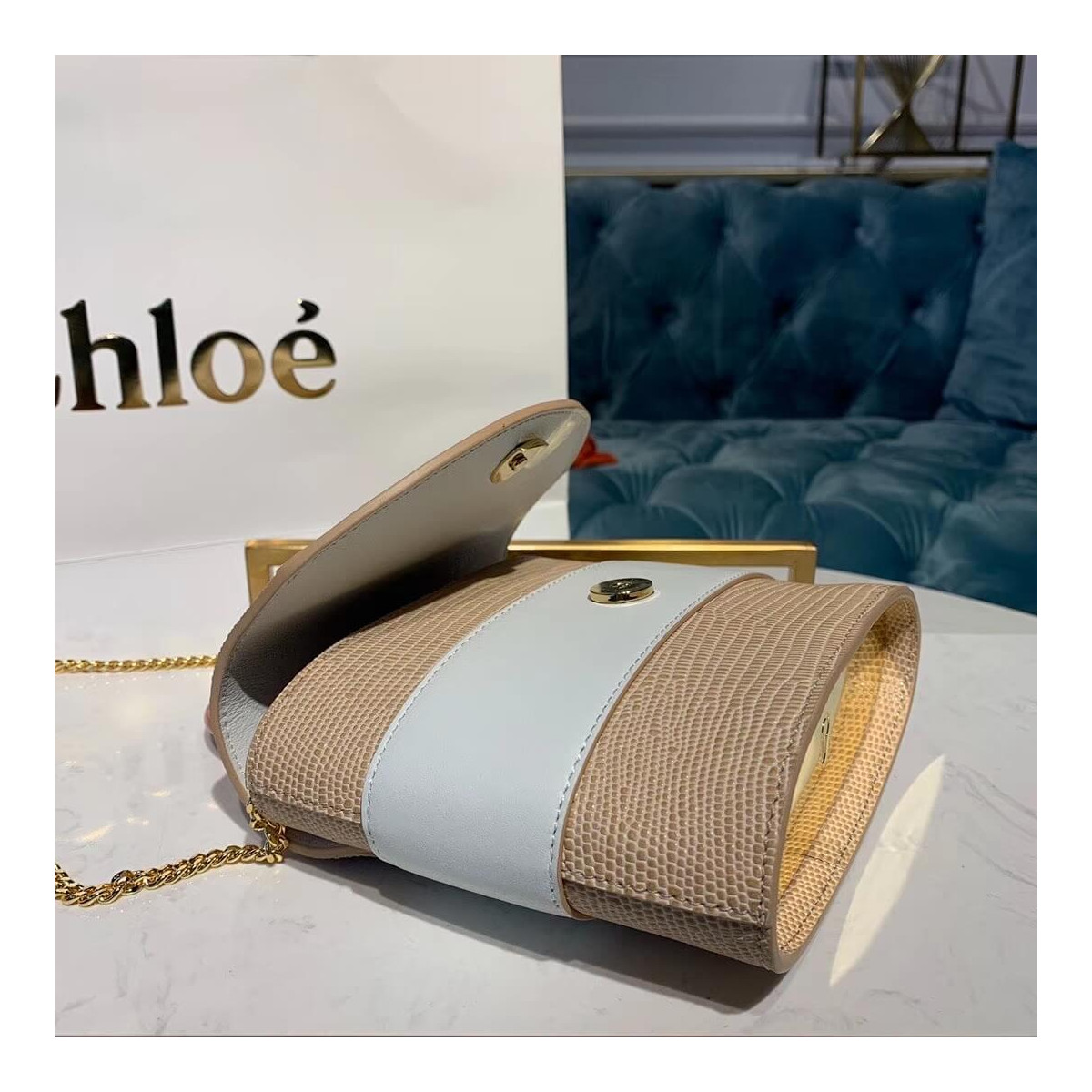Chloe Small Aby Lock Chain Bag Embossed Lizard Effect S1220 Apricot/White Chloe Small Aby Lock Chain Bag Embossed Lizard Effect S1220 Apricot/White