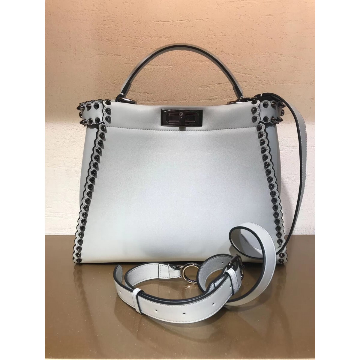 Fendi Peekaboo Medium with Metal-Plated Micro Studs 8BN290 Fendi Peekaboo Medium with Metal-Plated Micro Studs 8BN290