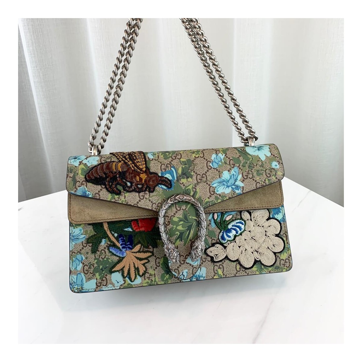 Gucci Embroidered Bee And Flower Shoulder Bag 400249 Khaki Gucci Embroidered Bee And Flower Shoulder Bag 400249 Khaki