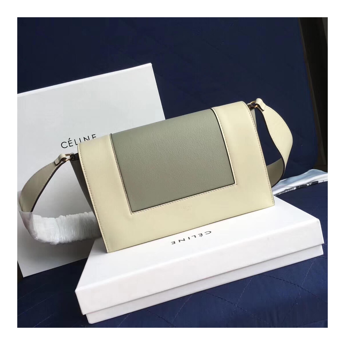 Celine Frame Medium Shoulder Bag 180263 White/Light Green Celine Frame Medium Shoulder Bag 180263 White/Light Green