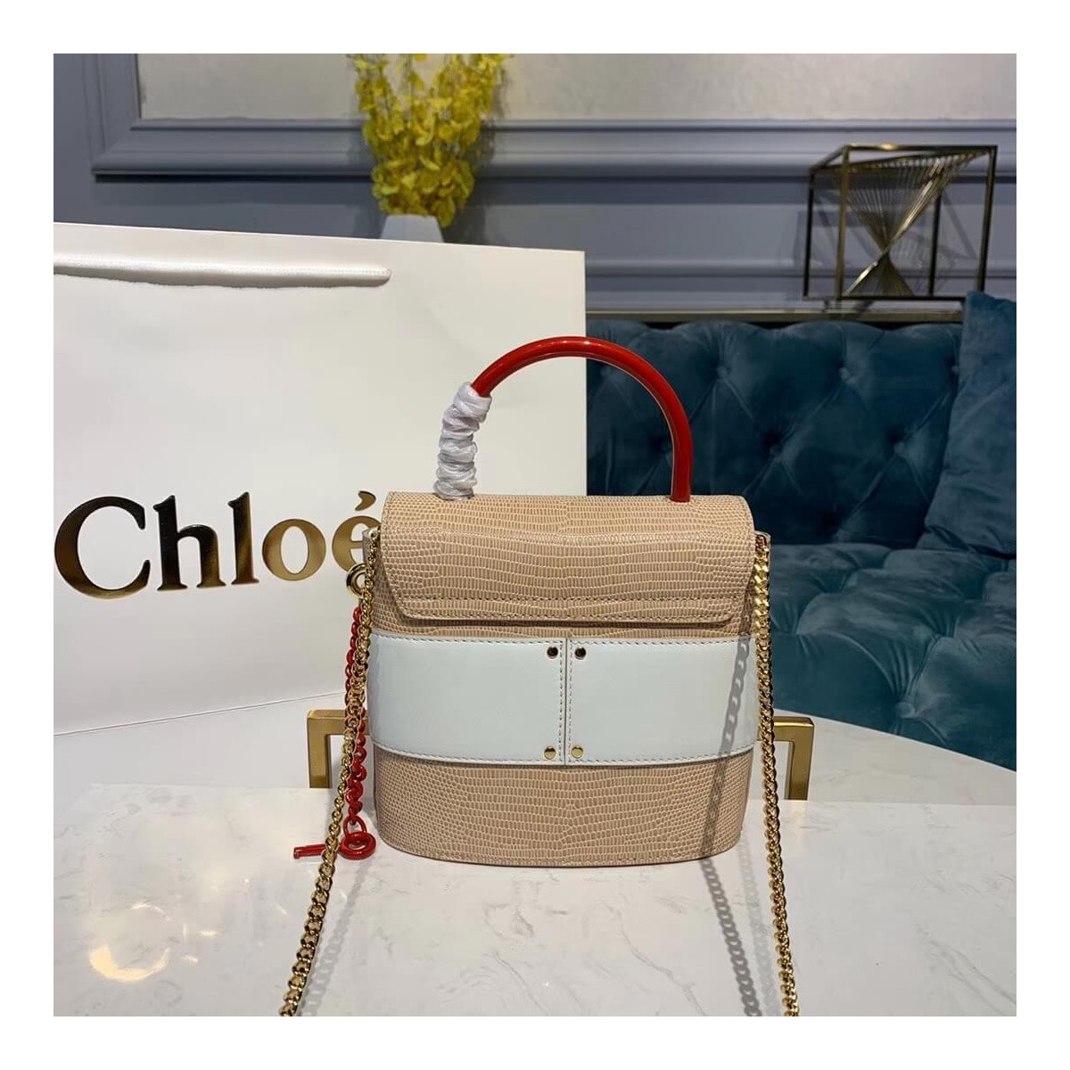 Chloe Small Aby Lock Chain Bag Embossed Lizard Effect S1220 Apricot/White Chloe Small Aby Lock Chain Bag Embossed Lizard Effect S1220 Apricot/White
