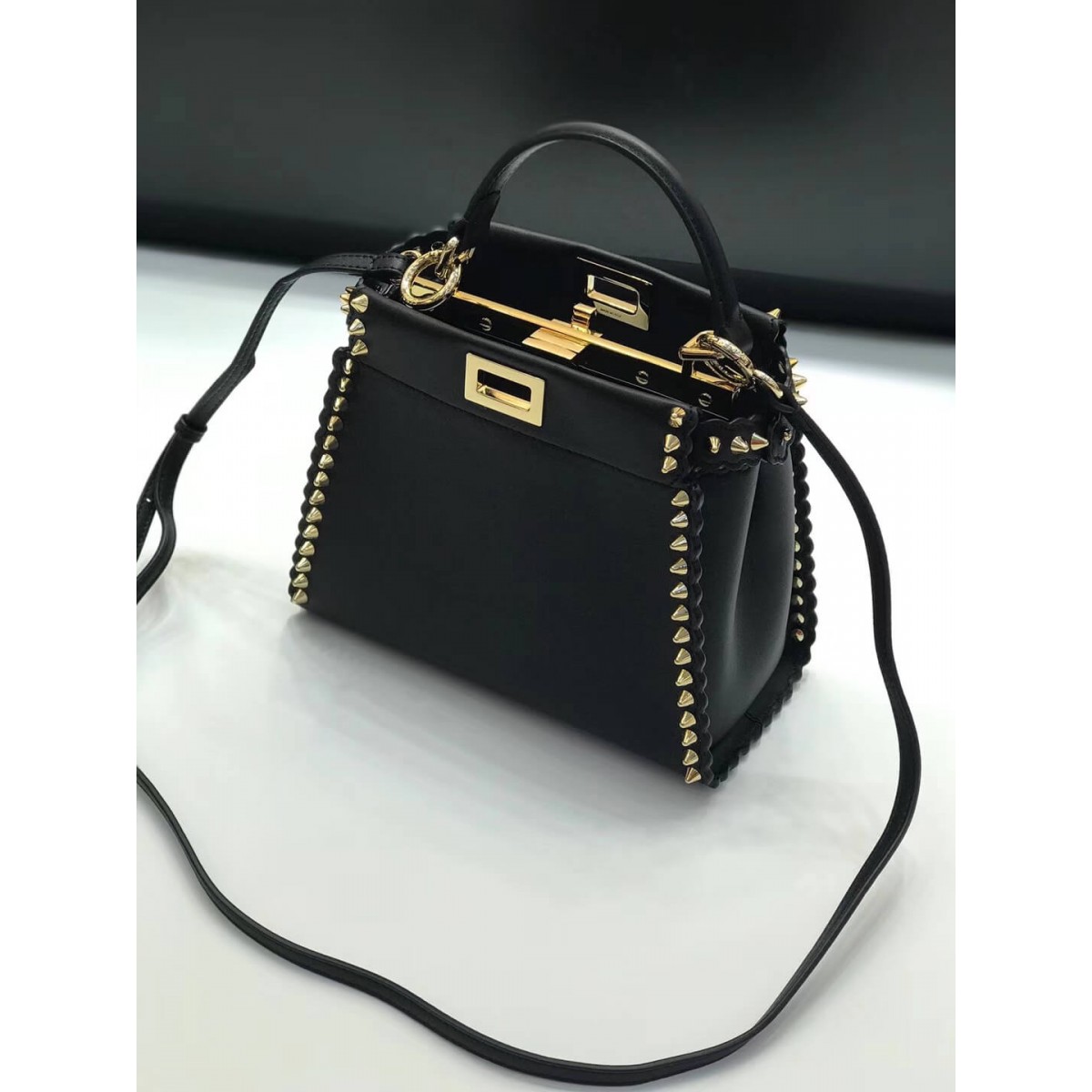 Fendi Peekaboo Mini with Metal-Plated Micro Studs 8BN244 Fendi Peekaboo Mini with Metal-Plated Micro Studs 8BN244