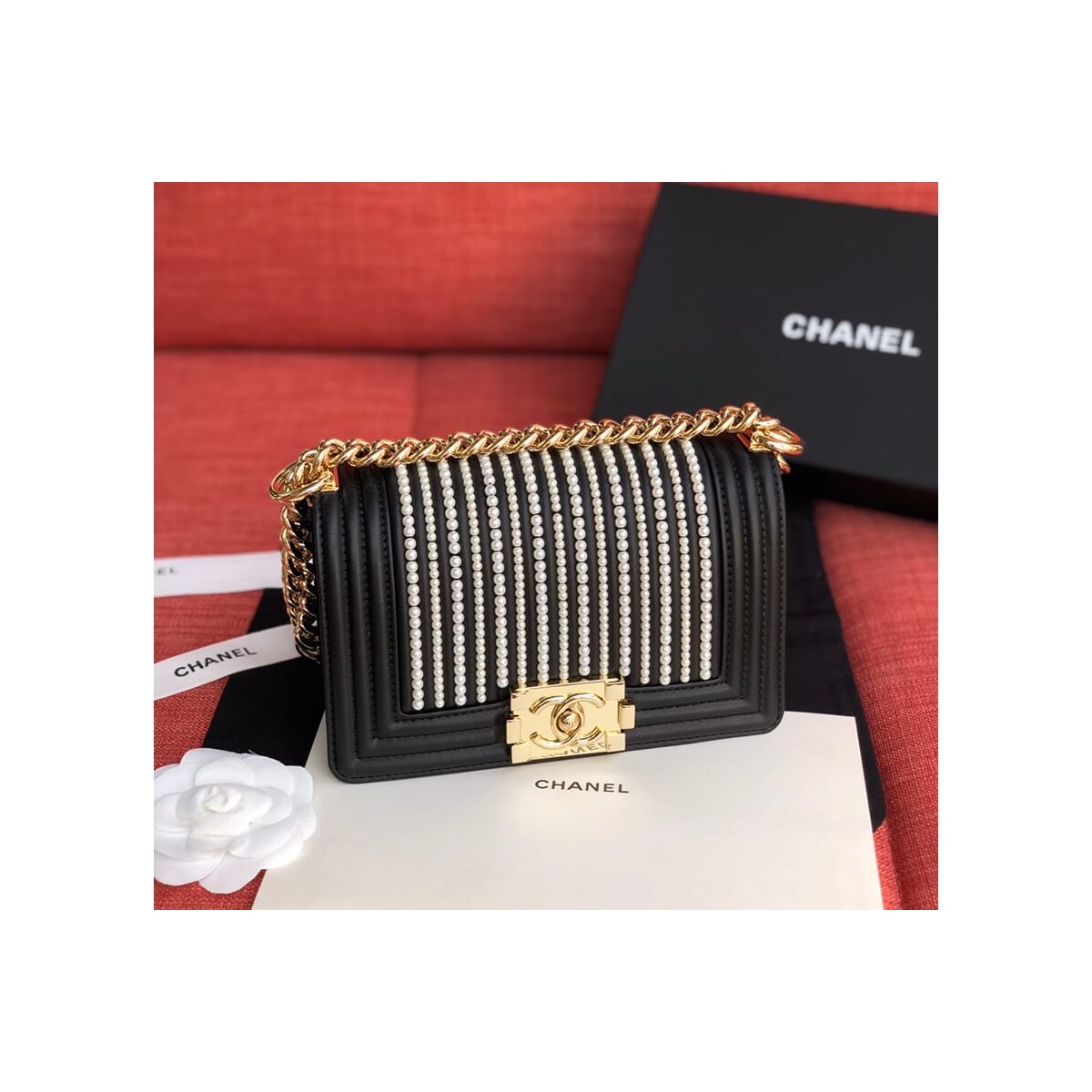 Chanel Imitation Pearls Small Boy Chanel Handbag A67085 Chanel Imitation Pearls Small Boy Chanel Handbag A67085