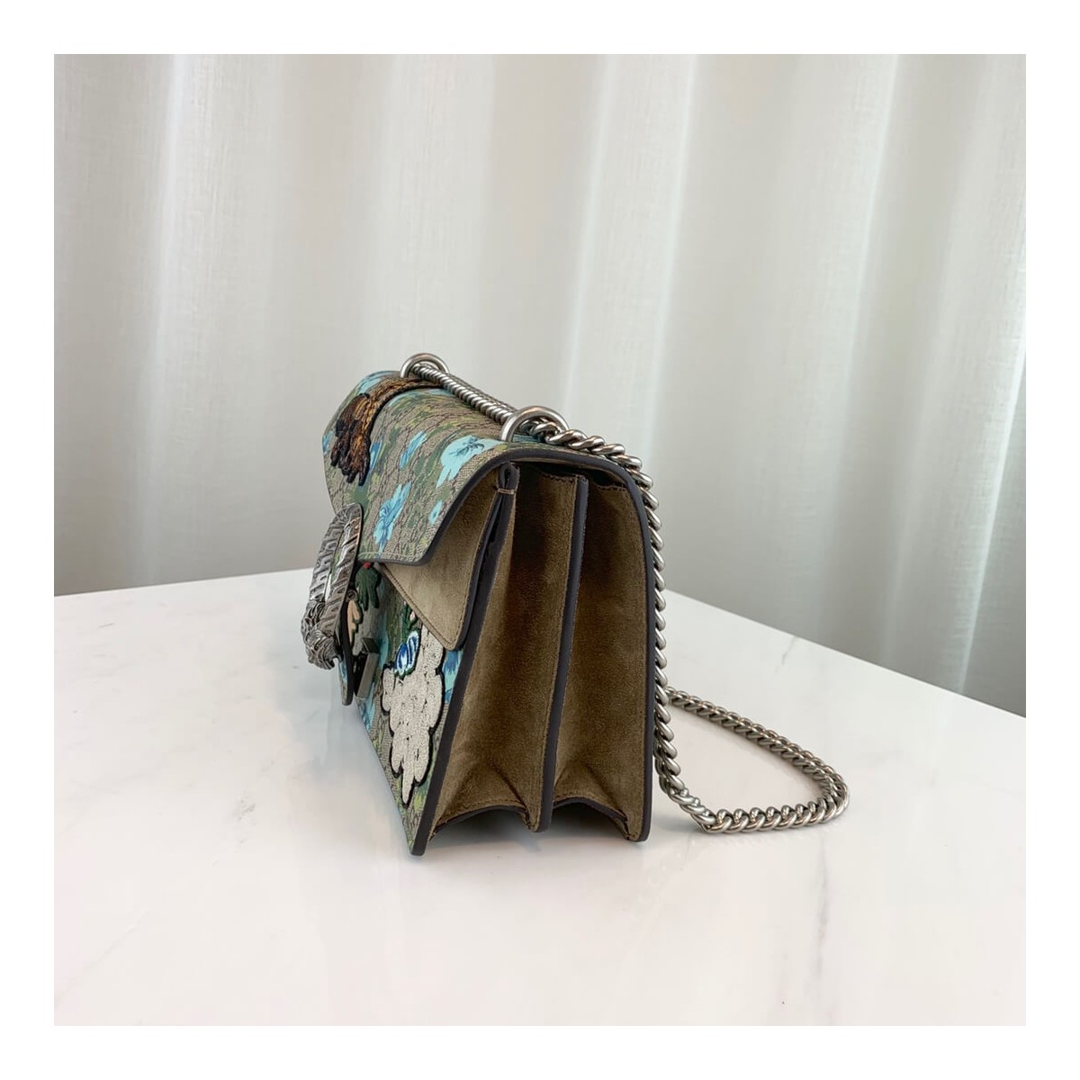 Gucci Embroidered Bee And Flower Shoulder Bag 400249 Khaki Gucci Embroidered Bee And Flower Shoulder Bag 400249 Khaki