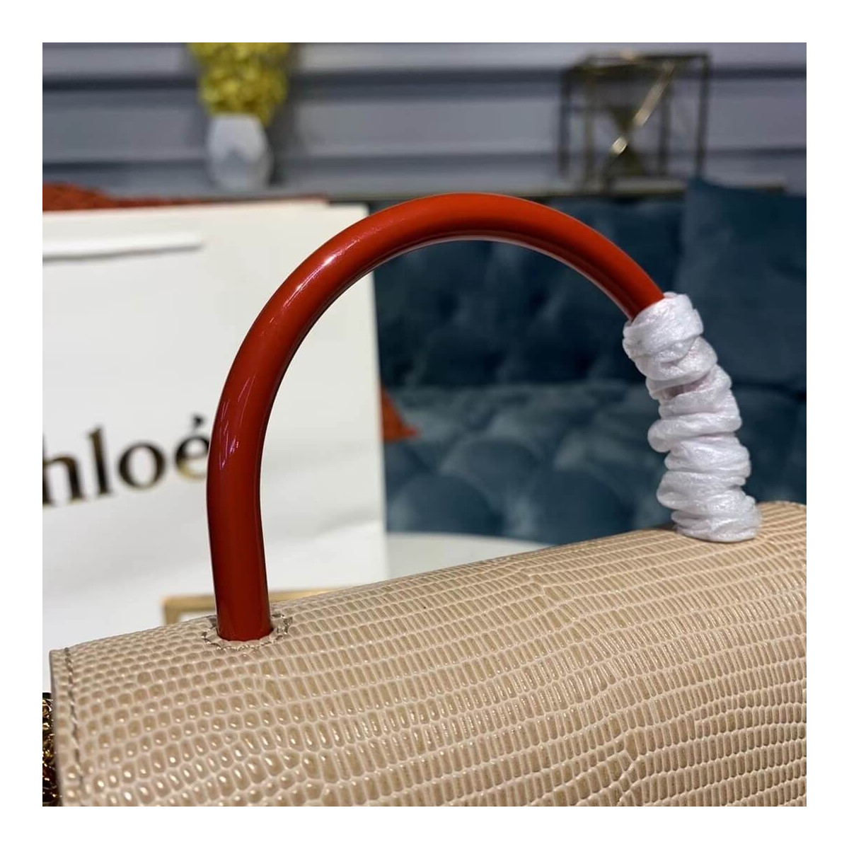 Chloe Small Aby Lock Chain Bag Embossed Lizard Effect S1220 Apricot/White Chloe Small Aby Lock Chain Bag Embossed Lizard Effect S1220 Apricot/White